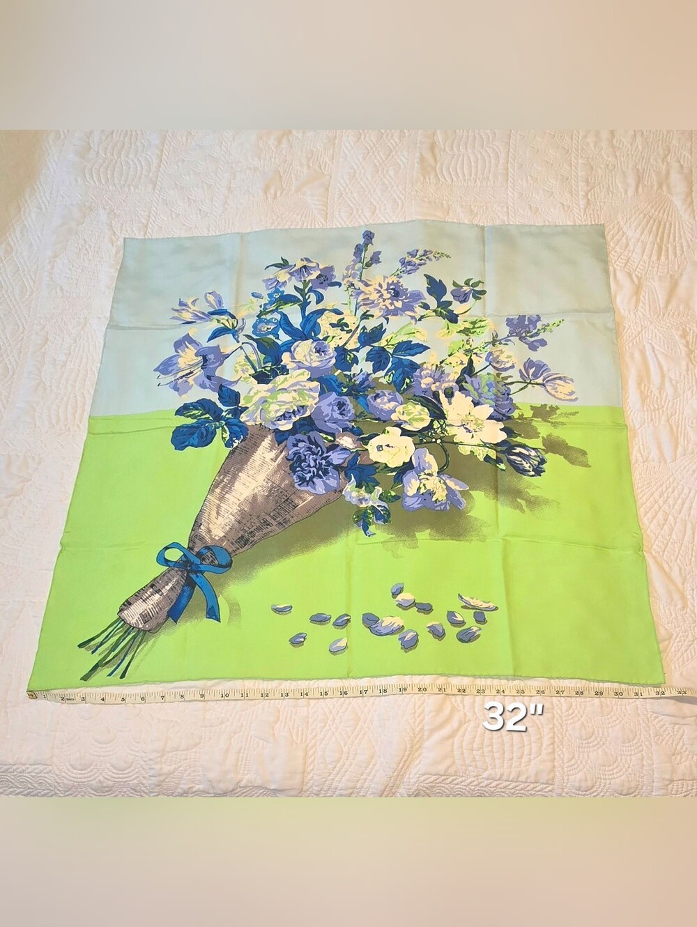 Talbots 100% Silk Floral Bouquet Scarf  Blue and Green Vintage 32x32